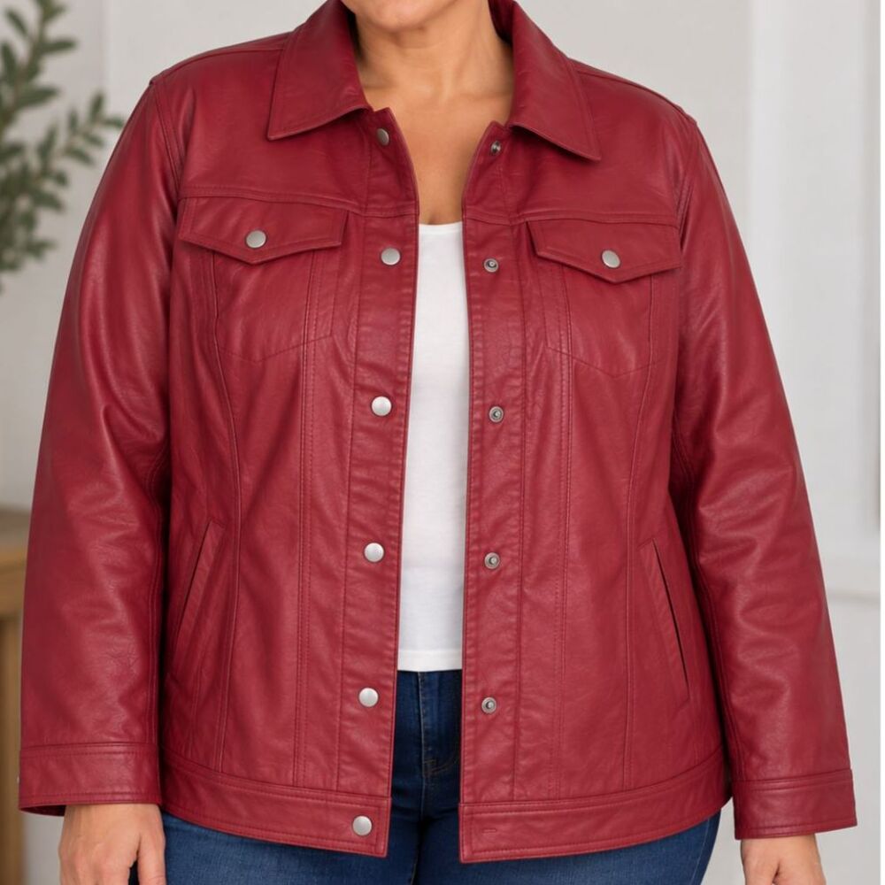 Deep Red Leather Moto Jacket Womens Sz 16W Jessica London